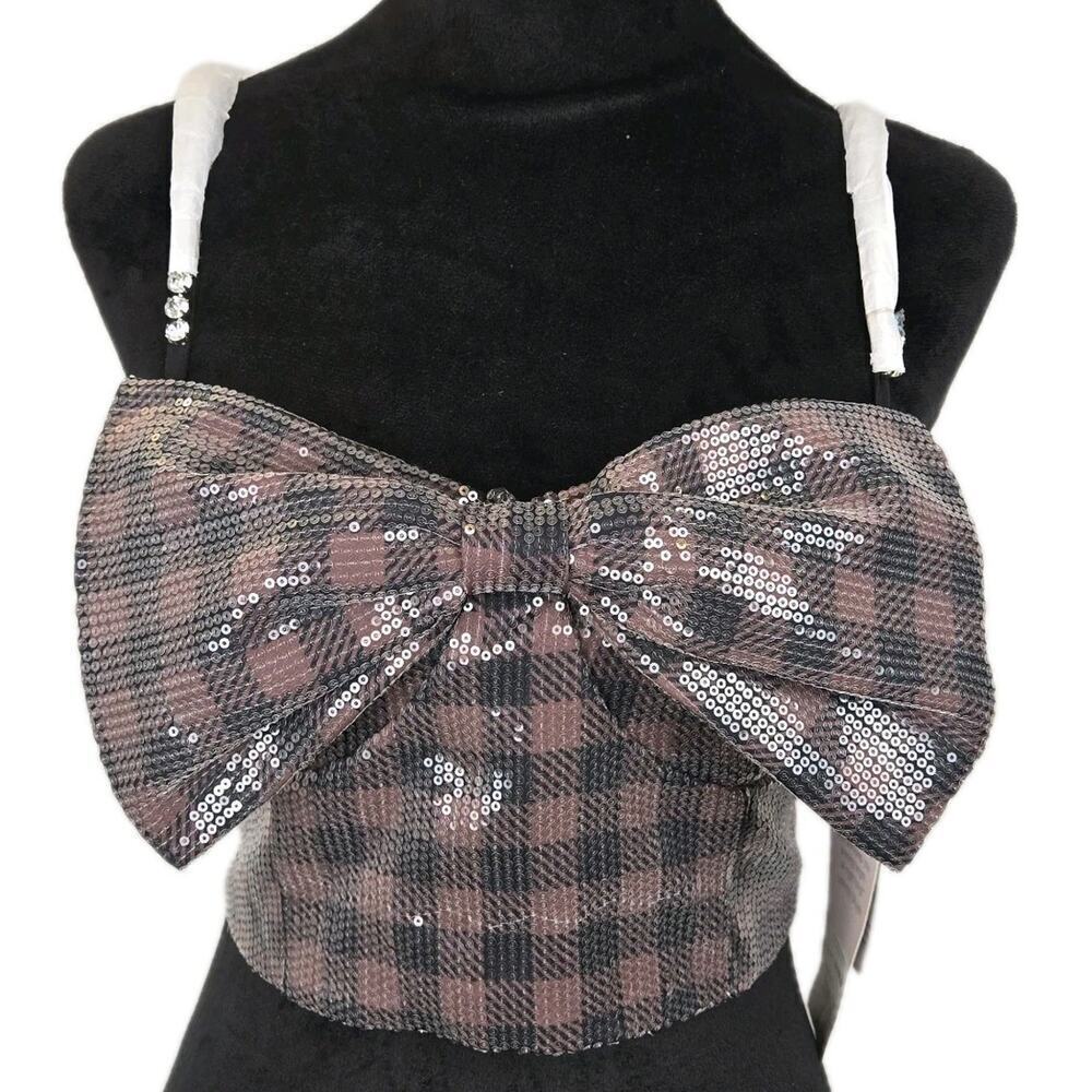 Johnny Wujek Sequin Crop Top Bow Front Zip Back Jrs Sz 11 Plaid Black Brown GLAM - Picture 4 of 15